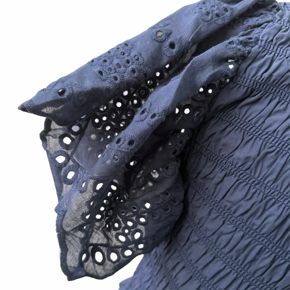 Deluc Avis Smocked Midi Dress Blue Embroidered Ruffle Pockets NWT M - Picture 9 of 14